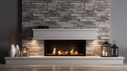 create a High Quality, fireplace modern, classic and stone style. beautiful lit fireplaces surrounded by modern tile ,on white background