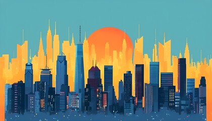 Wall Mural - Modern flat style city skyline showcasing vibrant urban architecture and design elements