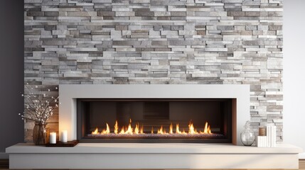 create a High Quality, fireplace modern, classic and stone style. beautiful lit fireplaces surrounded by modern tile ,on white background