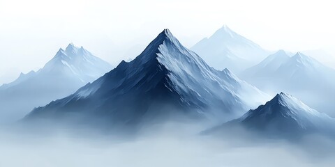 A majestic mountain range shrouded in a soft layer of mist and fog, bathed in a blue hue.