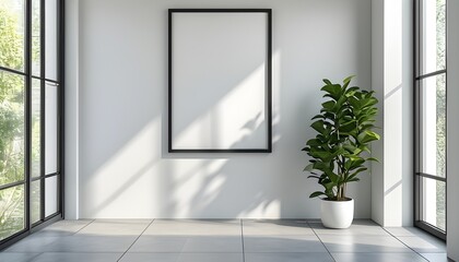 Wall Mural - bright and airy room with large window, potted plant, tiled floor, white walls, and blank frame creating a serene minimalist atmosphere