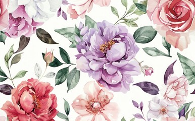 Wall Mural - A vibrant floral pattern featuring various peonies and roses with lush green leaves against a light background