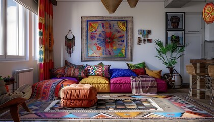 Colorful pillows on a sofa in a cozy living room