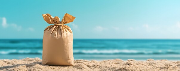 A sandy beach scene features a small bag resting on the shore, with serene ocean waves in the background under a clear blue sky.