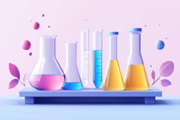 Wall Mural - science lab concept banner design with test tubes and beakers on a table showcasing chemical lab equ