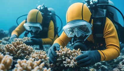 Divers in yellow suits examine coral reef, highlighting underwater exploration and marine conservation efforts.