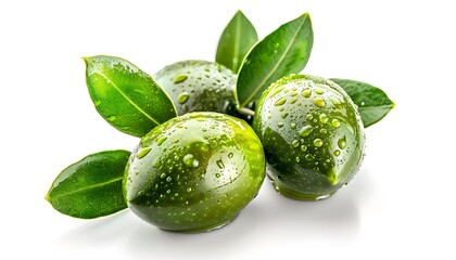 Green olives with leaves isolated on white background