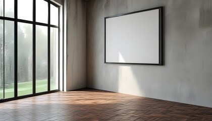 Wall Mural - minimalist room with large window and empty picture frame inviting creativity and reflection