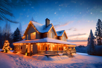 A house decorated with lights on Christmas