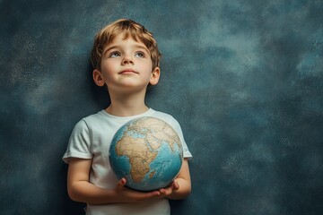 A young boy sits in front of a large world map, with copy space for text .