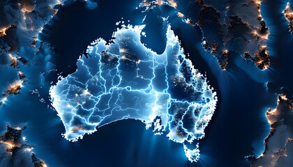 Wall Mural - Glowing Blue Plexus Network Mapping of Australia in Abstract Design