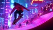 © Wachirasak Jamwimol - 4D animation of skateboarders performing gravity-defying tricks on futuristic ramps, with glowing details and an animated crowd cheering in the background