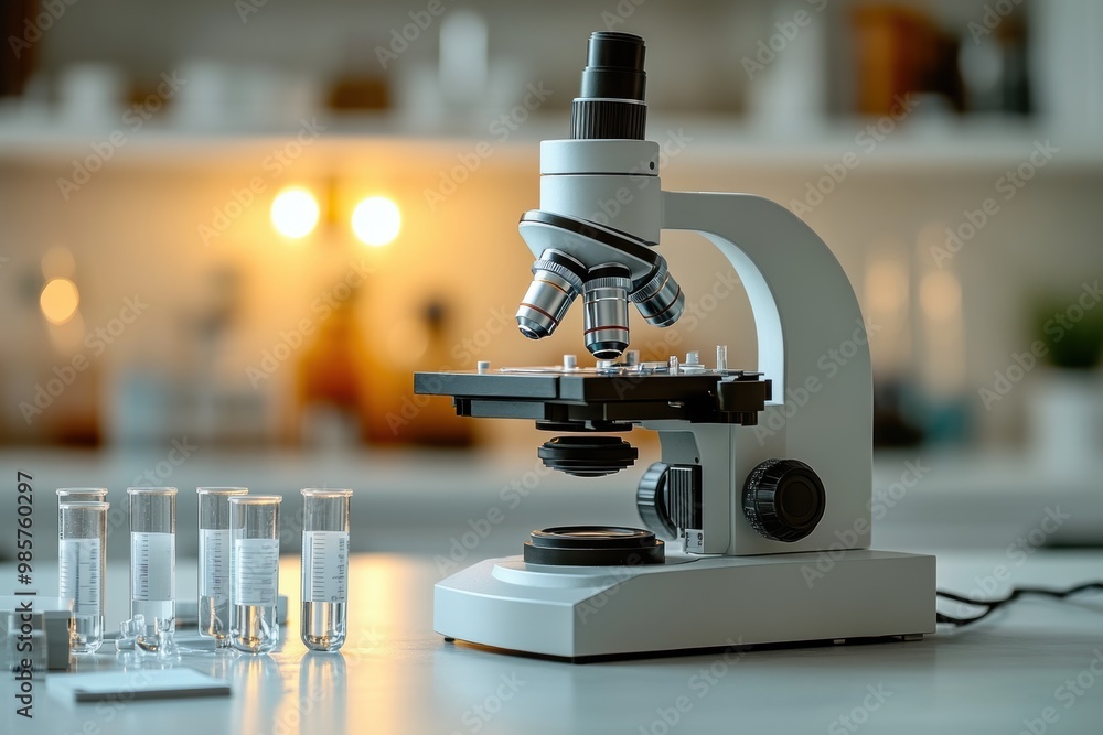 lab table with microscope and test tubes, illustrating a science ...