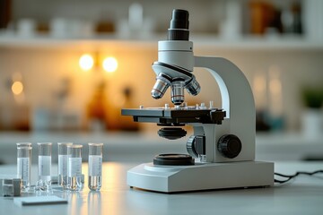 Wall Mural - lab table with microscope and test tubes, illustrating a science experiment concept, in an empty lab