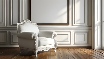 Wall Mural - Elegant classic room with white armchair, blank wall frame, and warm wooden flooring