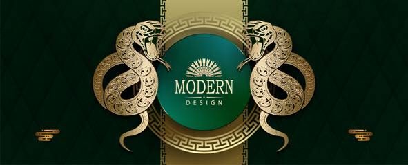 Wall Mural - Text Happy New Year, Year of the Snake, green textured illustration with isolated golden snake.