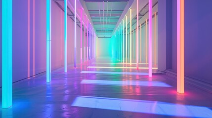 Wall Mural - Neon Light Installation in a White Corridor