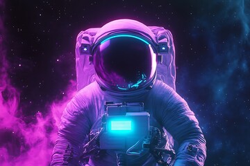 Wall Mural - Astronaut in a neon lit space with pink and blue hues.