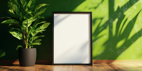 A minimalist poster mockup with a blank canvas, set against a vibrant green wall with natural light casting shadows. The poster is framed with a simple black frame