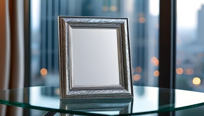 Wall Mural - Elegant silver photo frame showcased on glass table with a soft-focus cityscape backdrop