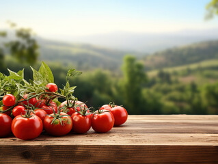 Wall Mural - Tomatoes on a wooden table in the garden Gardening concept.