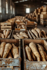 Wall Mural - Parsnip root harvested in wooden boxes in a warehouse. Natural organic fruit abundance. Healthy and natural food storing and shipping concept.