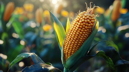 Wall Mural - Golden Corn Cob in a Lush Field: A Close-Up View