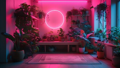 Wall Mural - Moody ambiance of a dark room illuminated by pink neon lights and lush greenery