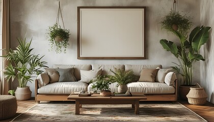 Wall Mural - Rustic living room featuring a spacious empty frame, cozy sofa, elegant coffee table, and vibrant plants creating a warm and inviting atmosphere.