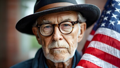 Wall Mural - Serious portrait of a senior man in glasses and a hat proudly holding an American flag