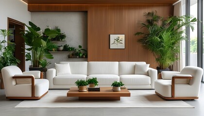 Canvas Print - Elegant living room featuring a spacious white sofa, cozy armchairs, a stylish coffee table, and vibrant greenery from numerous plants