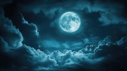 Wall Mural - spooky night sky background with full moon and clouds
