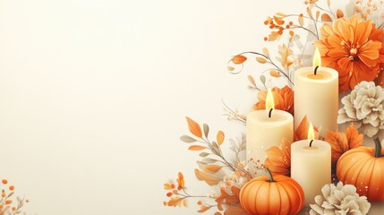 Sticker - Autumn themed banner featuring text and floral decorations with pumpkin candles on a neutral background