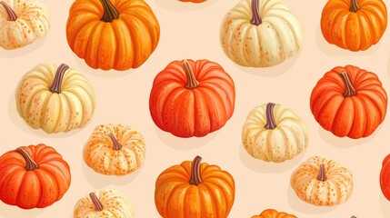 Sticker - autumn harvest seamless pattern of pumpkins on orange beige background