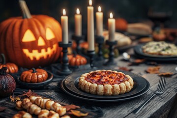 Halloween-themed dinner table, spooky food and decorations, 3D illustration, closes up