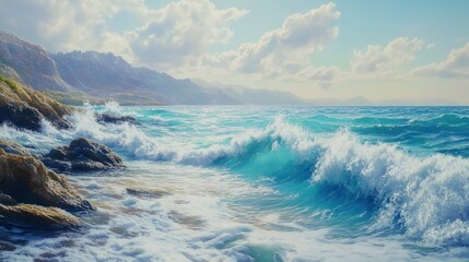 Wall Mural - Crashing Waves Against Rocky Coastline Under a Cloudy Sky