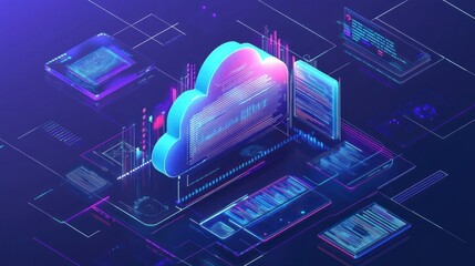 Abstract 3D Visualization of Cloud Computing with Neon Lines and Shapes