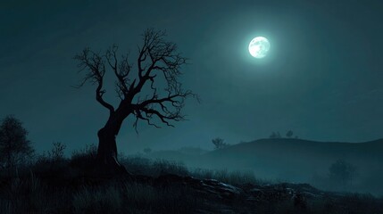 Wall Mural - moonlit night landscape with silhouette of a dead tree and bright moonlight serene nature scene outd