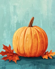 Canvas Print - Pumpkin with leaves on a blue background