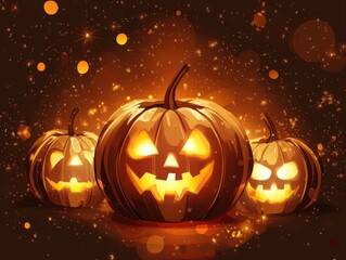 Sticker - Halloween pumpkin lanterns with glowing faces on brown background