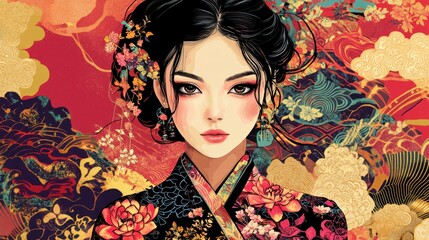 Canvas Print - Portrait of a Woman in Traditional Japanese Attire with Floral Motifs