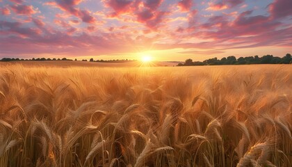 Wall Mural - Golden wheat field swaying in a gentle breeze, basking in the warm sunset glow with a sky adorned in hues of pink and orange, representing hope and abundance