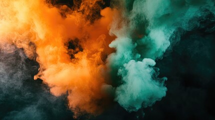 Wall Mural - vibrant smoke bomb bursts in orange and green against dark backdrop