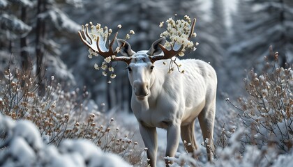 Wall Mural - Majestic White Moose Adorned with Flowers in a Snowy Landscape, Symbolizing Strength, Resilience, and Hope