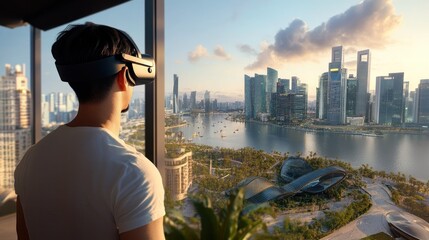 Canvas Print - Man Wearing VR Headset Gazing at City Skyline from Window