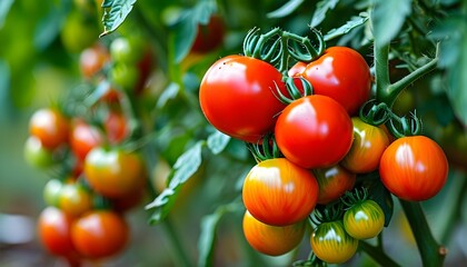 Wall Mural - Vibrant heirloom tomato nestled among lush green leaves, embodying fresh produce, healthy eating, and the abundance of nature