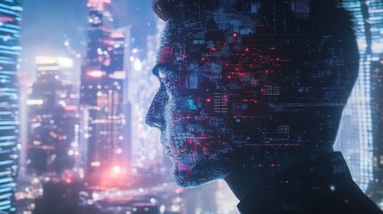 Poster - A Man's Silhouette Composed of Digital Data in Front of a Blurry Cityscape at Night