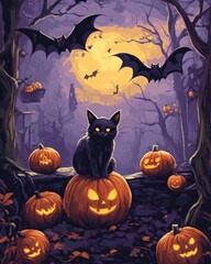 Poster - Halloween themed card featuring bats and pumpkins