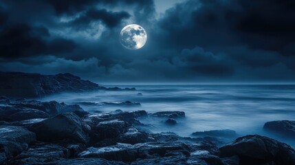 Wall Mural - misty stormy full moon night on a rocky beach stock image