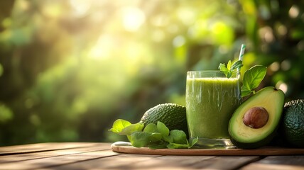 avocado juice in a glass cup with avocado on a wooden table outdoors